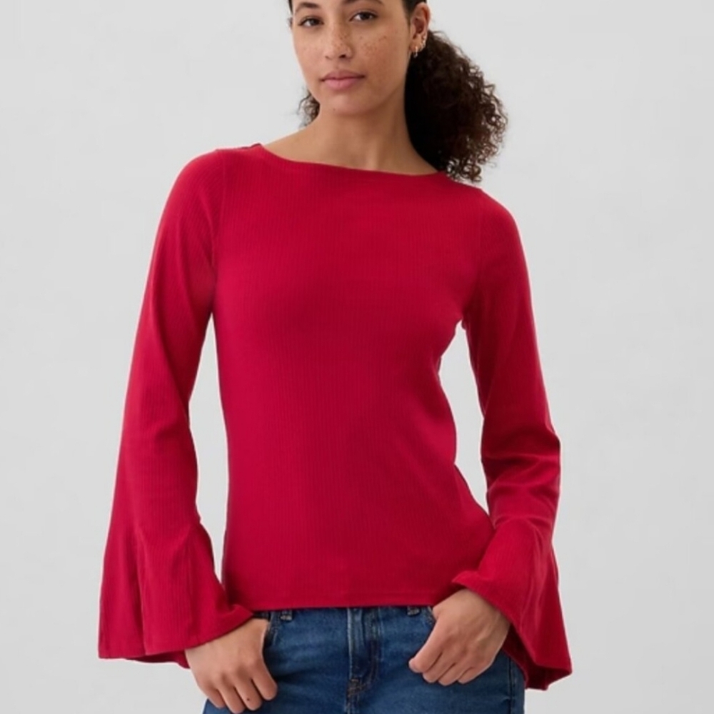 GAP Ribbed Boatneck Bell Sleeved T-Shirt Size L Color Red NWT
